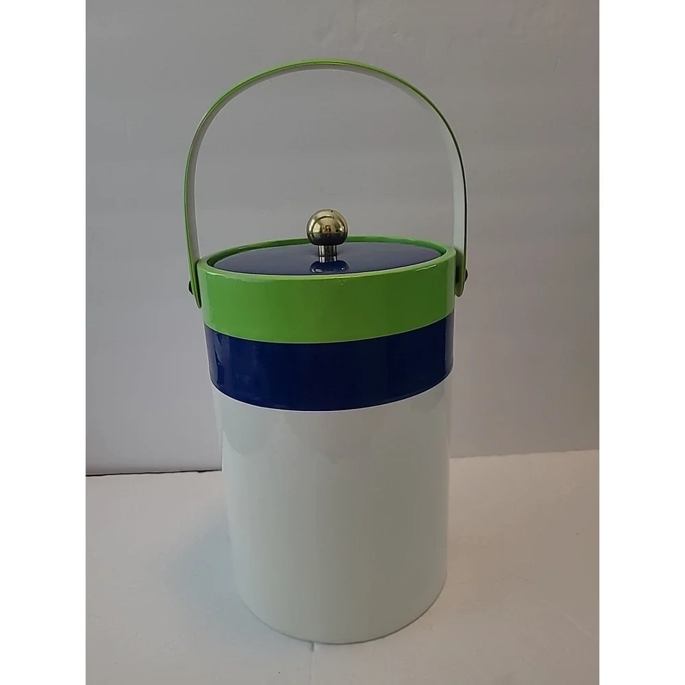 Vintage Ice‎ Bucket White Green Blue With Handle And Lid 12